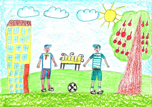 Child drawing of happy kids Playing Soccer. Active healthy lifestyle. Pencil art in childish style
