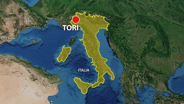 Designation of the borders of Italia on the map and the mark of the location of the city of Torino