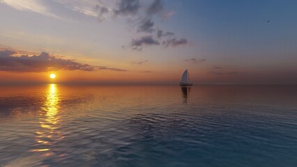 Sailboat sunset fantasy with a silhouetted boat sailing along its journey against a vivid colorful...