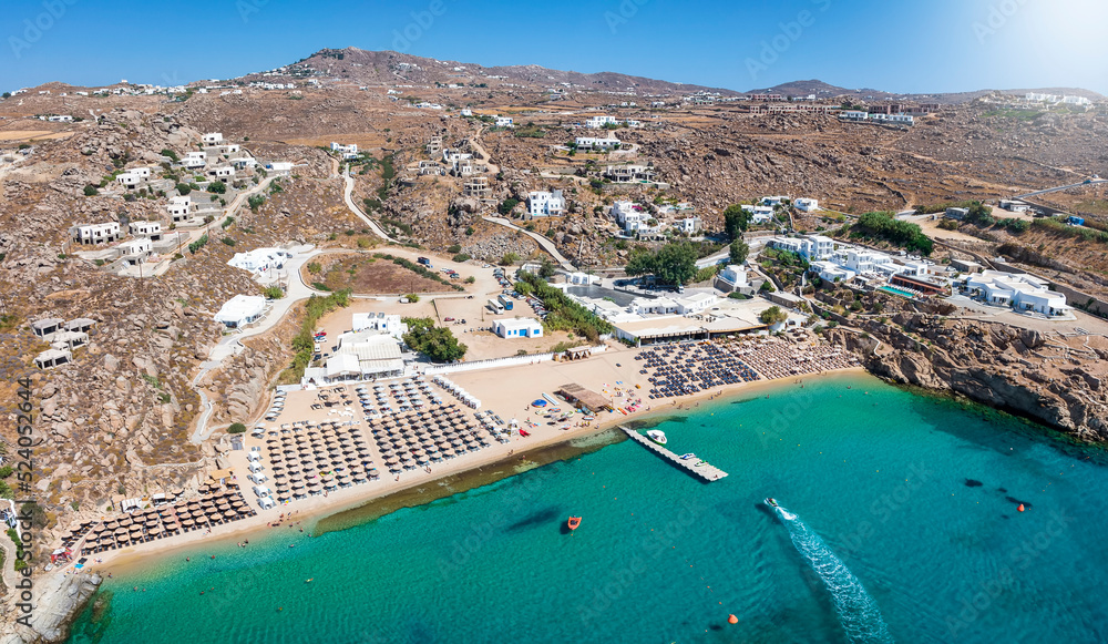 Wall mural Aerial view of the beautiful Super Paradise Beach at Mykonos island, Cyclades, Greece, during a sunny summer day