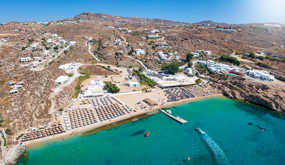Aerial view of the beautiful Super Paradise Beach at Mykonos island, Cyclades, Greece, during a...