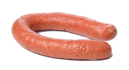 Smoked sausage on a white isolated background. Krakow meat sausage