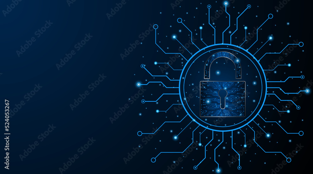 Wall mural abstract technology circuit board background with padlock icon. cyber ​​data security concept. moder