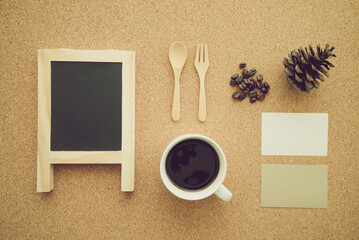 Coffee cafe set branding identity creative mock up concept on cork board background. Coffee...
