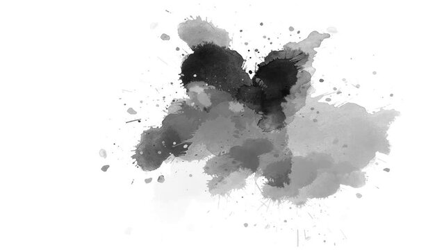 inks splatter on white background. watercolor black ink splatter compositing. Abstract ink splatter transition. ink brush stroke, fluid art background, overlay, alpha matte composition.