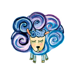 watercolor image lamb sheep blue color, cartoon, isolated object, easter