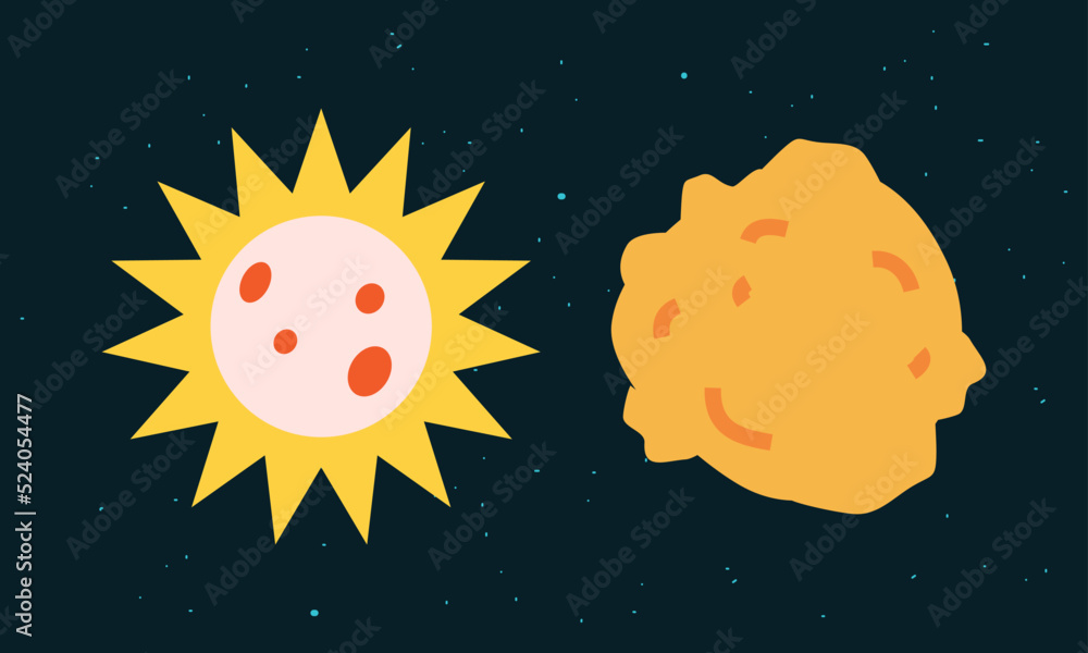 Poster Space elements set. Sun and asteroid vector illustration on starry black background