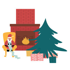  Santa Claus is reading a letter in a cozy yellow armchair by the fireplace and tree. Bags of gifts. Christmas vector illustration isolated on a white background. Flat hand drawing style. 