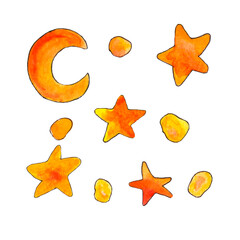 Watercolor illustrations of stars and moon on a white background, dreaming, night