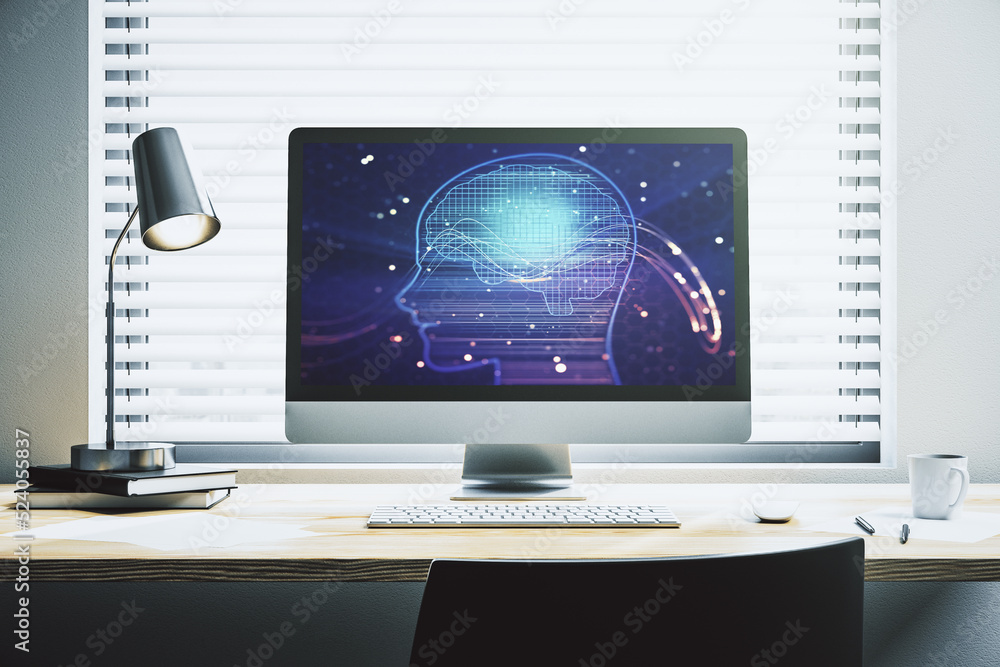 Leinwandbilder modern computer monitor with creative artificial intelligence symbol. neural networks and machine le