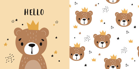 Kids pattern with cute bear, seamless background, and baby shower greeting card. Vector texture for childish bedding, fabric, wallpaper, wrapping paper, textile, t-shirt