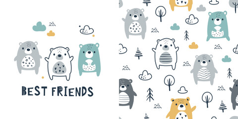 Сhildish pattern with bear friends, baby shower card. Animal seamless background, cute vector texture for kids bedding, fabric, wallpaper, wrapping paper, textile, t-shirt print