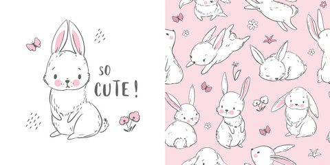 Cute bunny pattern and kids print. Vector seamless texture for childish bedding, fabric, wallpaper, wrapping paper, textile, t-shirt