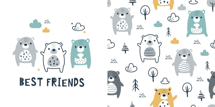 Сhildish pattern with bear friends, baby shower card. Animal seamless background, cute vector texture for kids bedding, fabric, wallpaper, wrapping paper, textile, t-shirt print