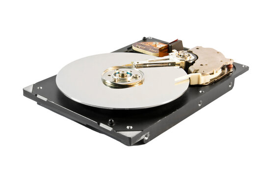 Hard disk drive disassembly open cover show magnatic disk circle inside on transparent background png file