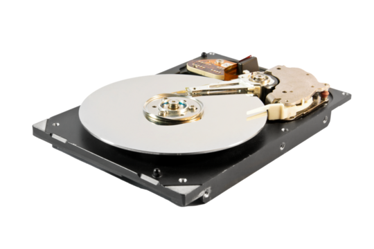 Hard disk drive disassembly open cover show magnatic disk circle inside on transparent background png file