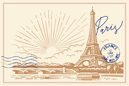 Sketch of Eiffel Tower with post stamp. Romantic symbol in France. Sightseeing landmark.