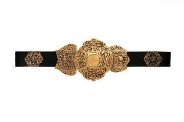 Black leather belt strap with big metal golden decorative buckle isolated on white background, female women's waistband girdle cummerbund, flat lay