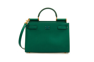 Big women's emerald Leather Handbag Isolated on White Background. Female green handle bag. Front...