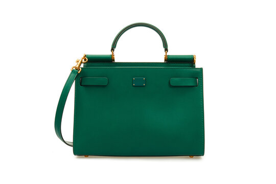 Big women's emerald Leather Handbag Isolated on White Background. Female green handle bag. Front view. Mock up, template