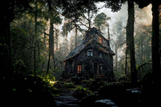 Painting of mysterious house in the deep forest.