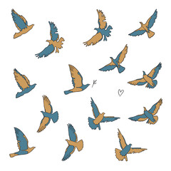 Dove of peace illustrations set. Concept of peace. Flying stylized bird vector illustration	