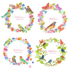 collection of floral wreath with cute birds for your design