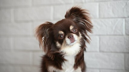 chihuahua dog begging with paw indoors, in front of a white brick wall