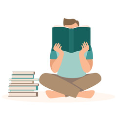 Young People Reading Books. Male Students with Open Books in Hands. Boys Studying in Library. Education and Knowledge Concept with Characters. Flat Cartoon Vector Illustration