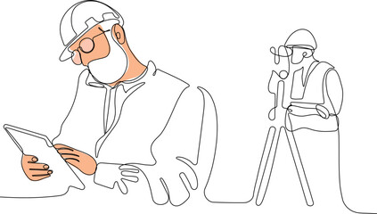 Close up of young Caucasian worker with helmet on head using tablet for work while standing in warehouse. Surveyor with a tripod icon. Geodesic tripod. Vector illustration