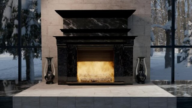 Fireplace with fire burning over a snowy outdoor landscape. 3d animation. 3d video.
