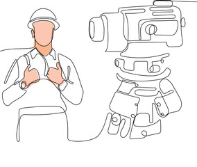 Close up of young Caucasian worker with helmet on head using tablet for work while standing in warehouse. Surveyor with a tripod icon. Geodesic tripod. Vector illustration