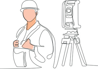 Close up of young Caucasian worker with helmet on head using tablet for work while standing in warehouse. Surveyor with a tripod icon. Geodesic tripod. Vector illustration