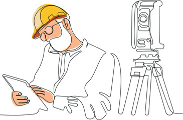 Close up of young Caucasian worker with helmet on head using tablet for work while standing in warehouse. Surveyor with a tripod icon. Geodesic tripod. Vector illustration