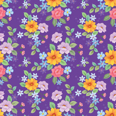 Fototapeta na wymiar Beautiful flowers design on purple color background seamless pattern for fabric textile wallpaper.