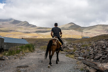 a rider on a brown horse gallops against the backdrop of mountains and an alpine lake in Armenia