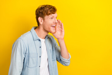 Profile side photo of funky man arm near face say tell black friday sale low prices clothes empty space isolated on yellow color background