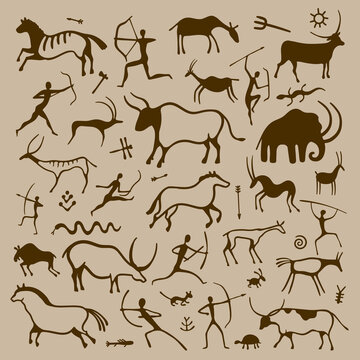 Cave art. Hand drawn primitive ancient symbols of prehistoric hunters animals plants and ornaments, history and anthropology drawing. Vector isolated set