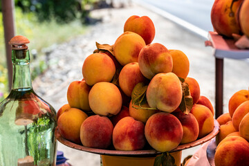 yellow-red peaches in a private kiosk in the mountains of Armenia