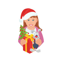 A girl in a Santa Claus hat holds gifts. A rabbit, a Christmas tree, a box with a bow. Christmas illustration