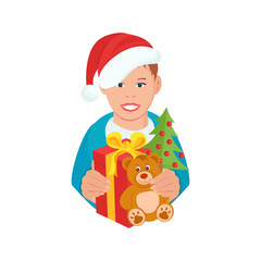 Obraz na płótnie Canvas A happy boy in a Santa Claus hat holds gifts. Christmas, New Year. Vector illustration