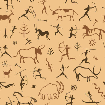 Cave painting pattern. Seamless print of primitive ancient drawing of hunting men, prehistoric animals and patterns. Vector ornamental texture