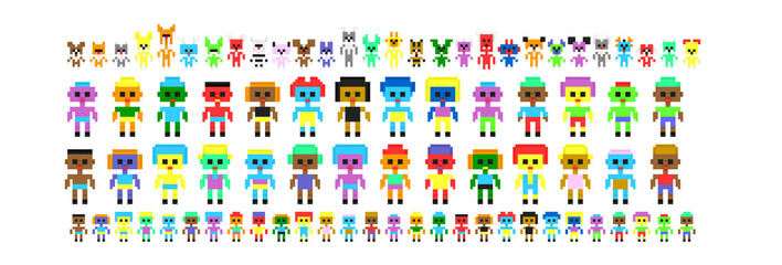 Pixel art cute characters game assets. Retro game style 8 bit