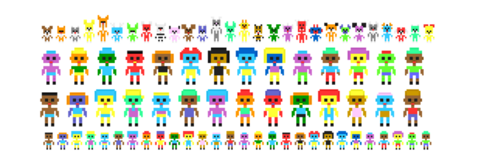 Pixel art cute characters game assets. Retro game style 8 bit