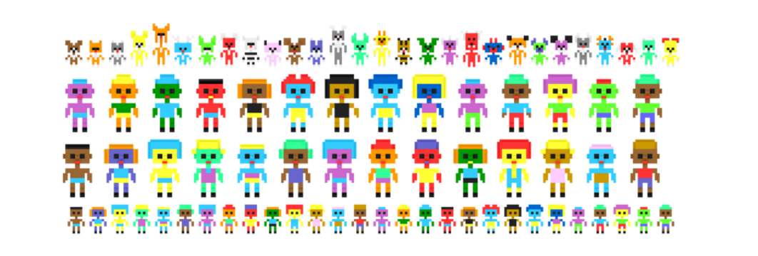 Pixel art cute characters game assets. Retro game style 8 bit