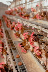 Eggs chicken farm, Chickens in battery cages laying eggs	