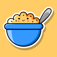 Image of a smiling kawaii porridge with raisins in a blue bowl. Vector illustration.