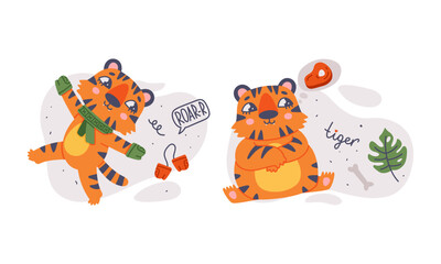 Fototapeta premium Cute baby tigers set. Funny orange striped jungle wildcat character in different activities cartoon vector illustration