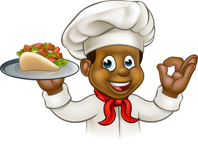 Cartoon Black Chef with Kebab
