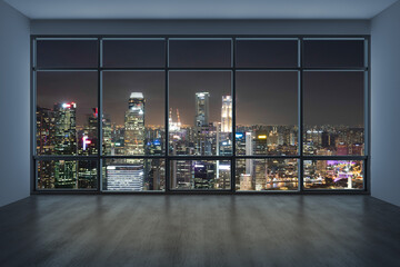 Downtown Singapore City Skyline Buildings from High Rise Window. Beautiful Expensive Real Estate overlooking. Empty room Interior Skyscrapers View. Night time. 3d rendering.